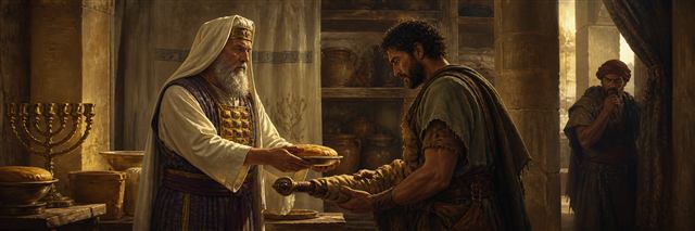 The priest Ahimelech giving bread and a wrapped sword to weary David
